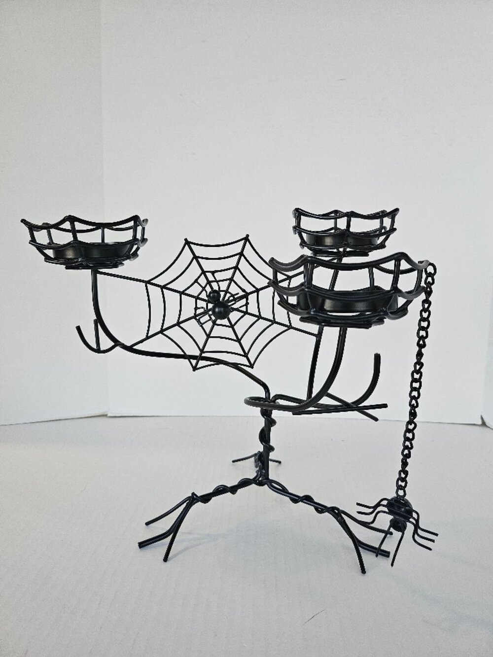 Halloween Spider Web Candelabra Black Metal 3 Tier Tealight Candle Holder Spooky
